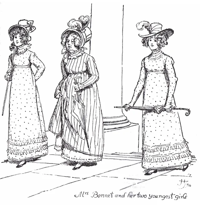 Mrs Bennet with Kitty and Lydia, the youngest Bennet sisters, illustration by Hugh Thomson