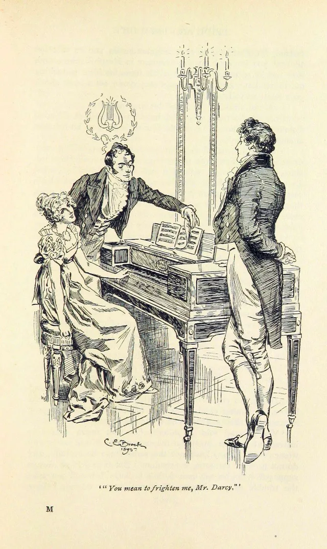 Pride and Prejudice quotes, chapter 31: “You mean to frighten me, Mr. Darcy”, Elizabeth at the pianoforte, illustration by C. E. Brock