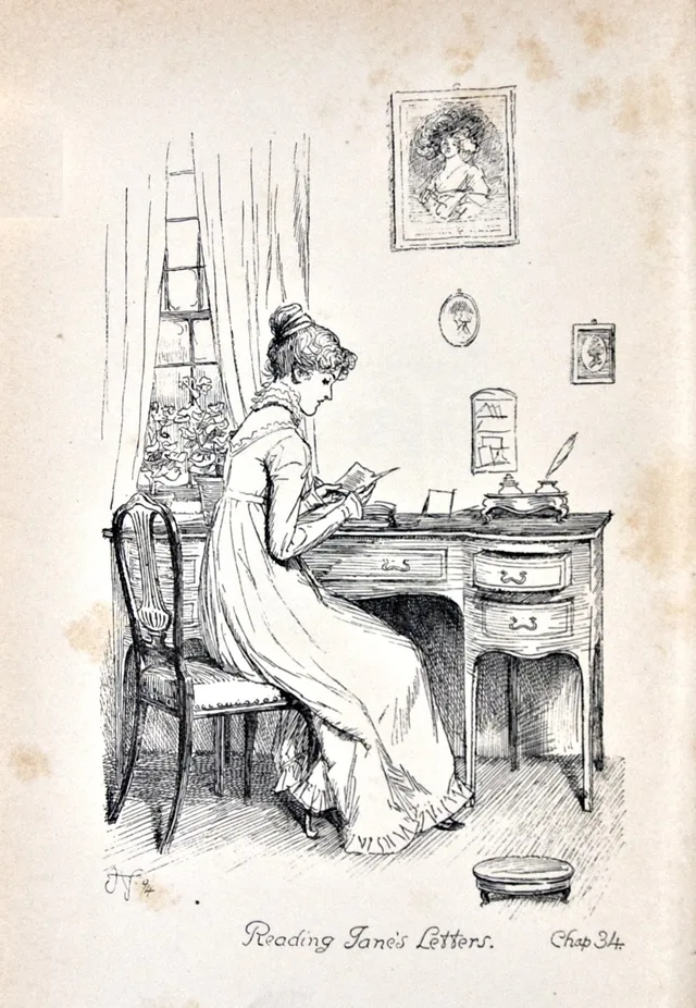 Elizabeth Bennet reading Jane’s letters, illustration by Hugh Thomson