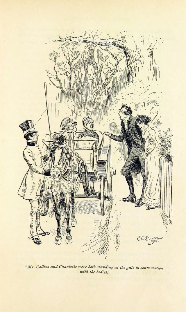 Mr Collins and Charlotte at the gate of Hunsford parsonage near Rosings Park, illustration by C. E. Brock