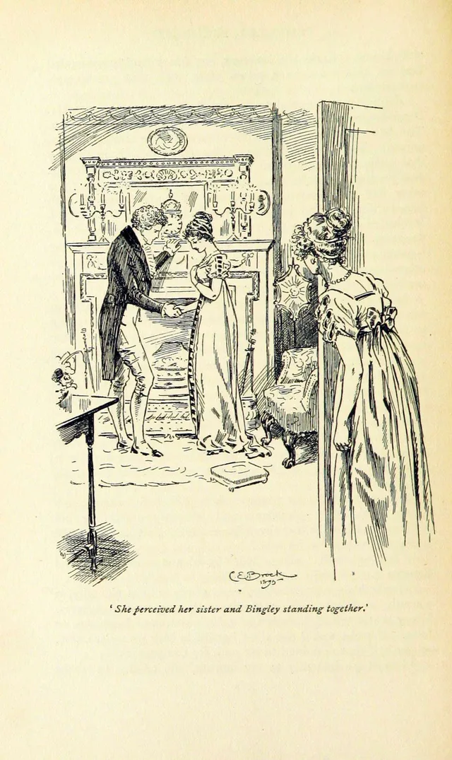 Jane Bennet and Mr Bingley engaged, illustration by C. E. Brock
