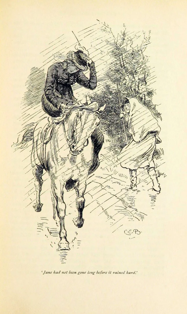 Jane Bennet rides to Netherfield in the rain, one of the Bennet sisters, illustration by C. E. Brock