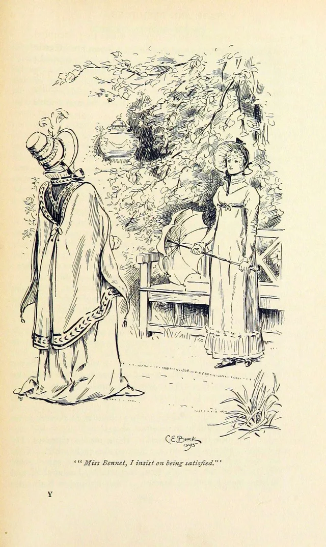 Lady Catherine de Bourgh confronts Elizabeth Bennet at Longbourn, illustration by C. E. Brock