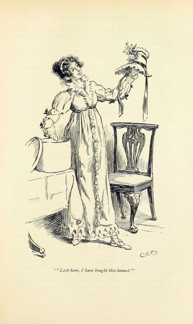 Lydia Bennet shows her sisters the bonnet she has bought, Regency era fashion in Pride and Prejudice, illustration by C. E. Brock