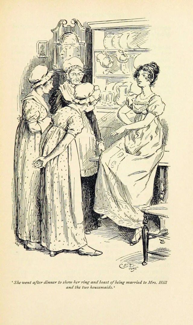 Lydia Bennet shows off her wedding ring, the youngest of the Bennet sisters, illustration by C. E. Brock