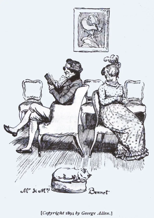 Mr and Mrs Bennet, parents of the five Bennet sisters, illustration by Hugh Thomson