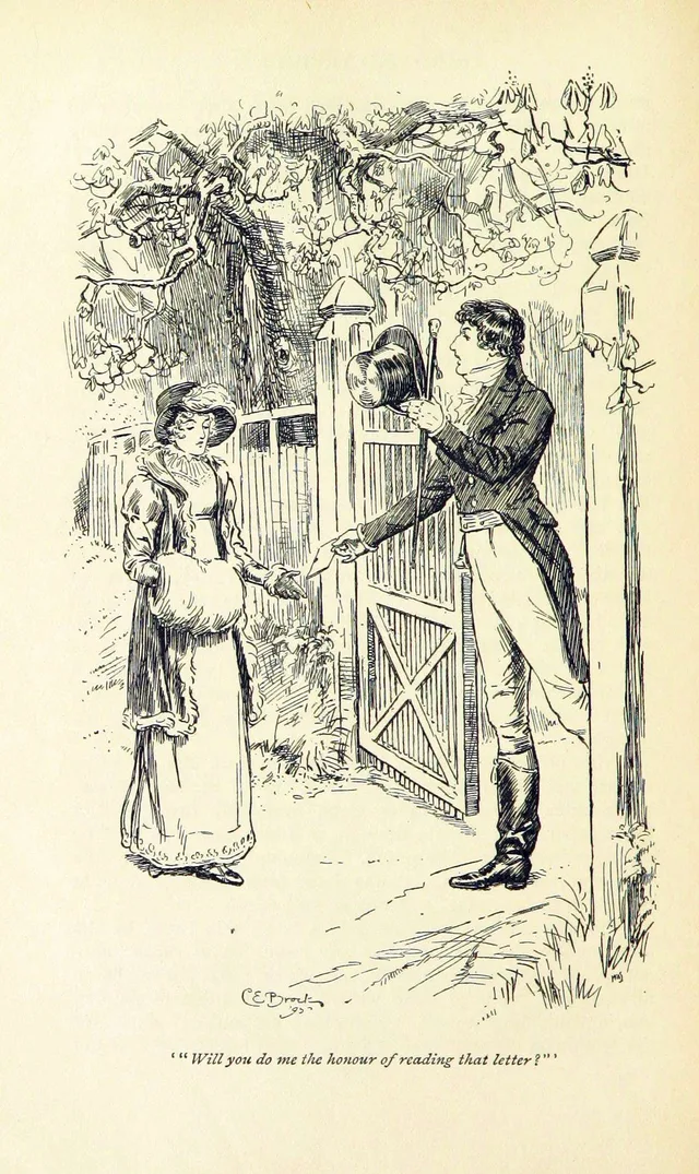 Mr Darcy gives Elizabeth Bennet his letter in the grove at Rosings, illustration by C. E. Brock