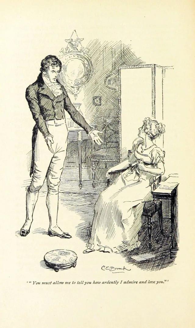 Mr Darcy proposes to Elizabeth Bennet at Hunsford, illustration by C. E. Brock