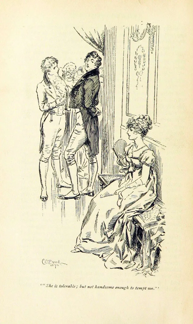 Mr Darcy at the Meryton assembly saying Elizabeth Bennet is tolerable, illustration by C. E. Brock