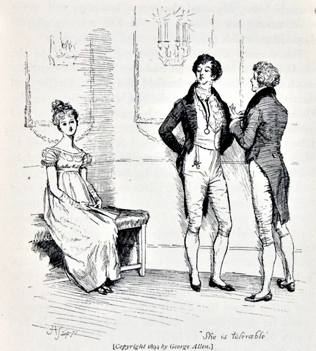 Pride and Prejudice summary, chapter 3: Mr Darcy tells Bingley that Elizabeth is tolerable, illustration by Hugh Thomson