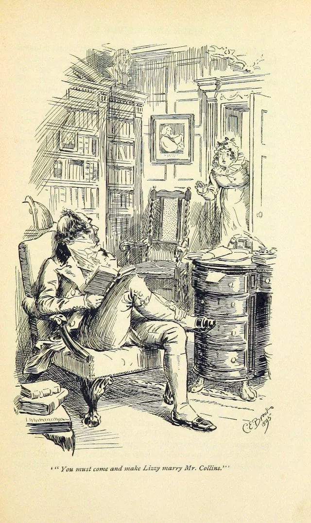 Mrs Bennet begs Mr Bennet to make Elizabeth Bennet marry Mr Collins, illustration by C. E. Brock