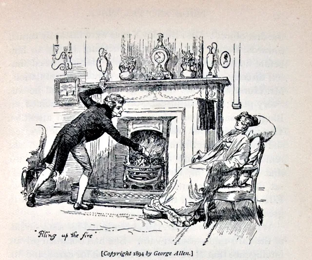 Mr Bingley piles up the fire at Netherfield for Jane Bennet, illustration by Hugh Thomson