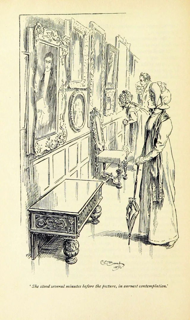 Elizabeth Bennet looks at Mr Darcy’s portrait in the picture gallery at Pemberley, illustration by C. E. Brock