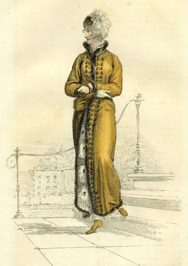 Regency era fashion plate: a fur-trimmed pelisse for winter, Ackermann’s Repository of Arts, November 1811