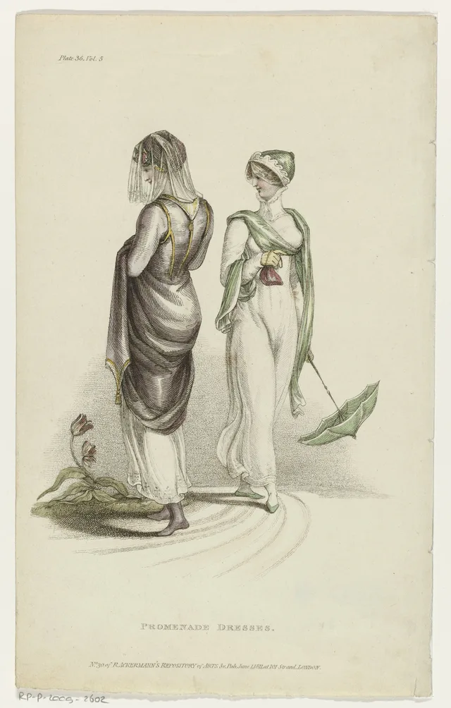 Regency era fashion plate: promenade dresses, Ackermann’s Repository of Arts, June 1811