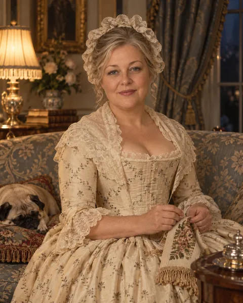 Regency portrait as Lady Bertram, On the Sofa with Pug